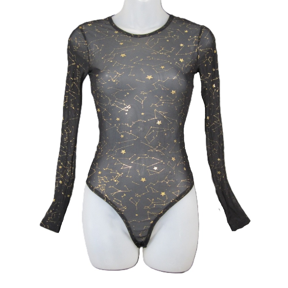 Rue 21 Sheer Bodysuit S Black Gold Constellations Long Sleeves Astrology Zodiac